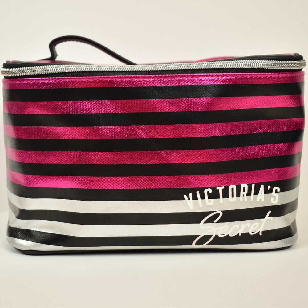 Victoria Secret Pink and Black Striped Square Zip Top Makeup Storage Travel Case